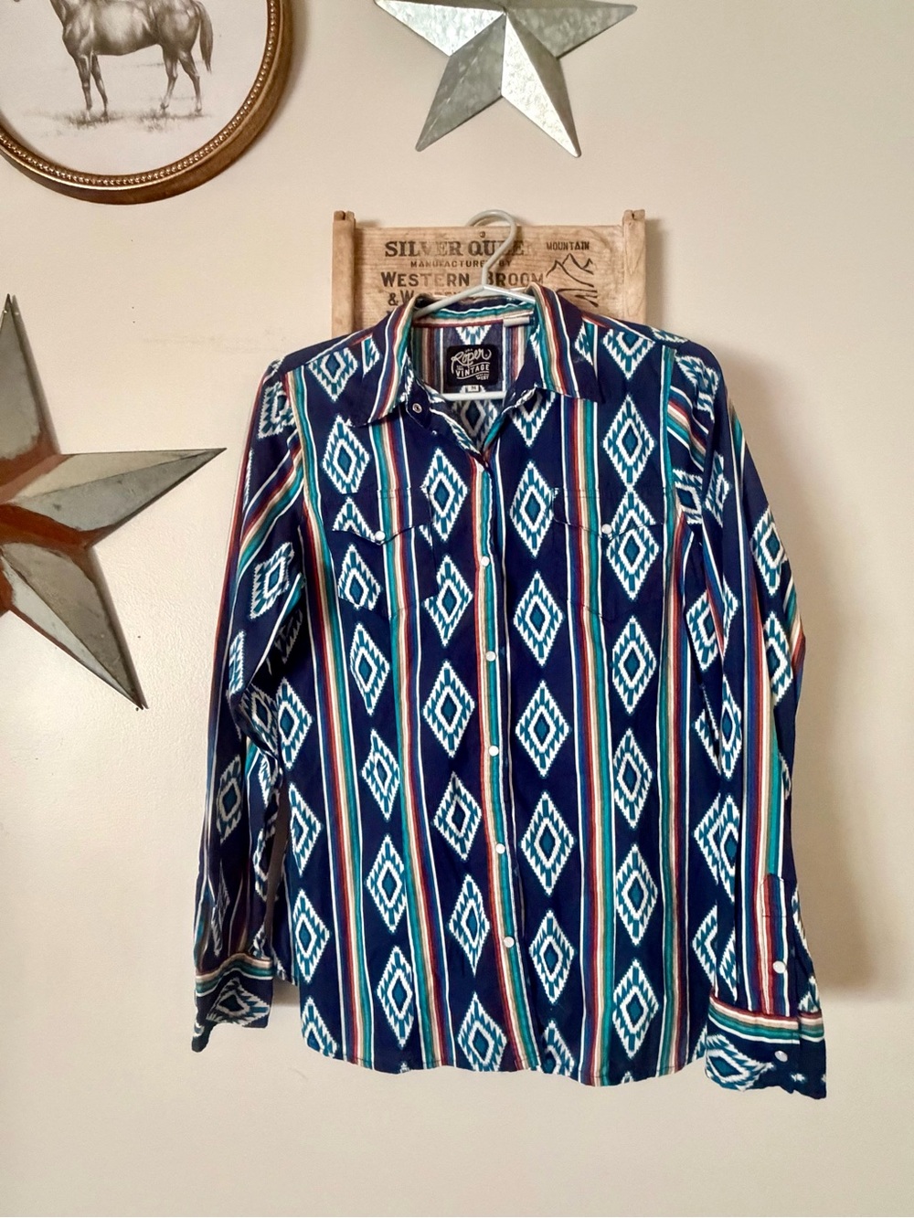 Roper Navy Geometric Western Button-Down Shirt